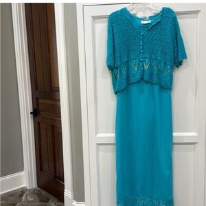 Teal Mini Dress with Crocheted Overlay